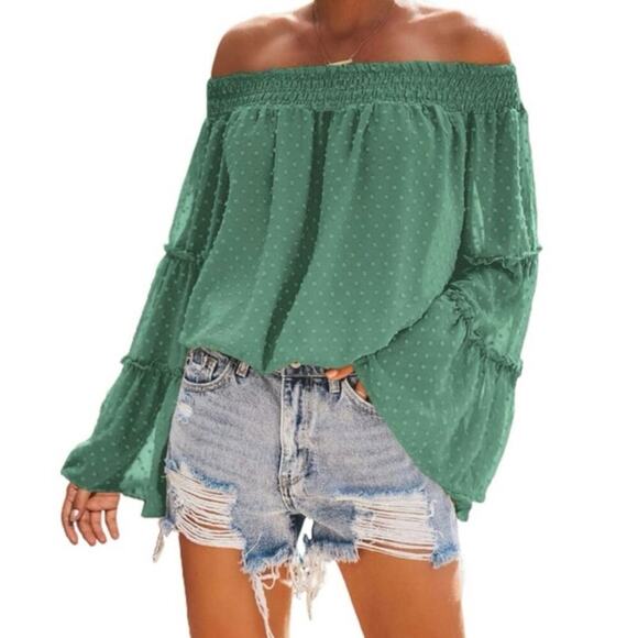 NINEXIS Tops - NEW Ninexis Sage Green Swiss Dot Off Shoulder Smocked Sleeve Summer Top Small